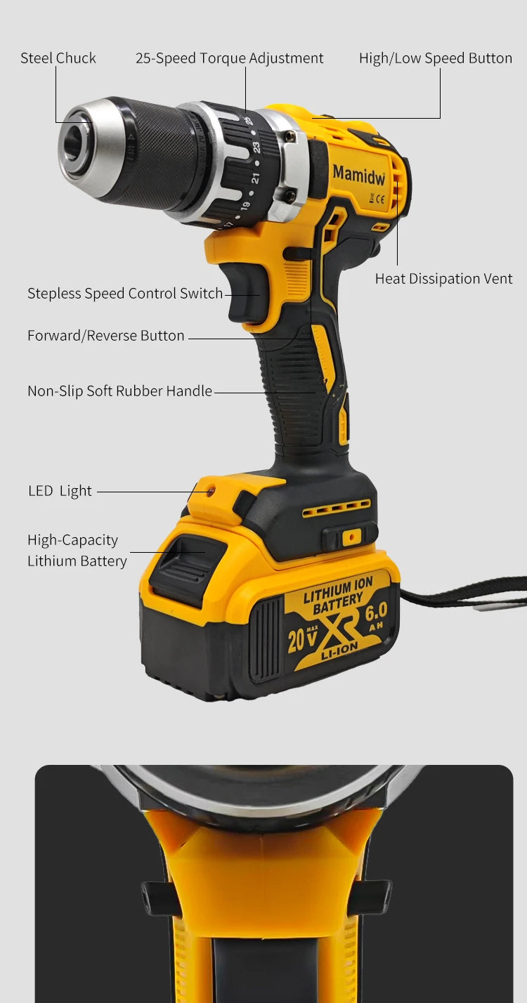 Mamidw 25+3 Multi-speed Torque Adjustment Brushless Electric Drill, Ergonomic Design, Durable Build, Compact Design, Sturdy Construction, Powerful Cordless Screwdriver (Tool Only) for DEWALT 20V Battery PIN Power Tool