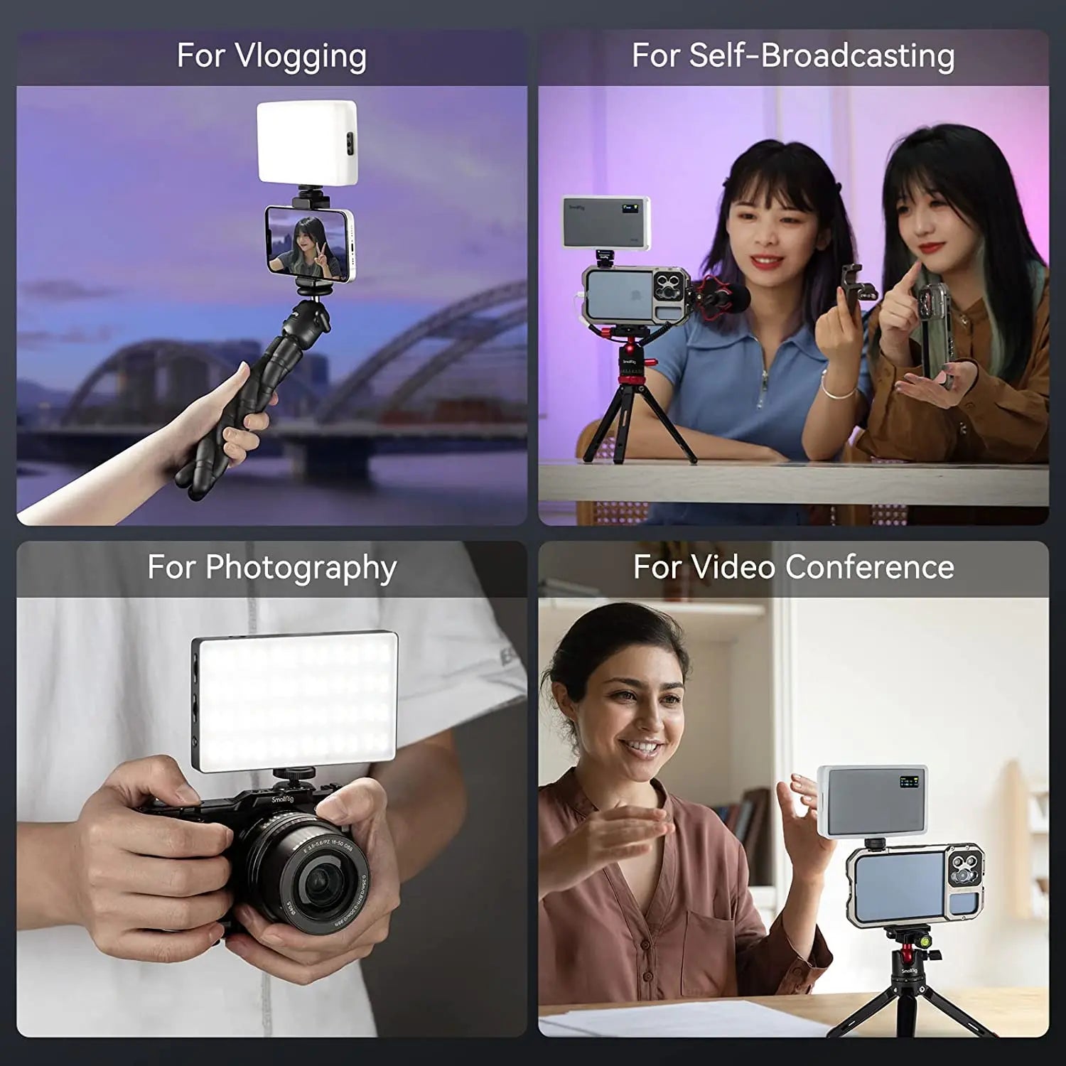 Compact rectangular LED light panel used for vlogging, streaming, photography, and video calls with various cameras.
