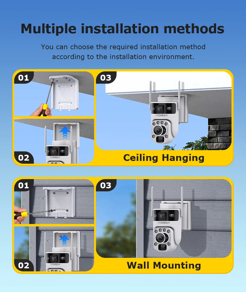 INQMEGA 12MP 60X Optical Zoom 4G/WiFi Solar Camera Dual Screen PTZ PIR Detection Auto Tracking CCTV Surveillance Cameras Ubox