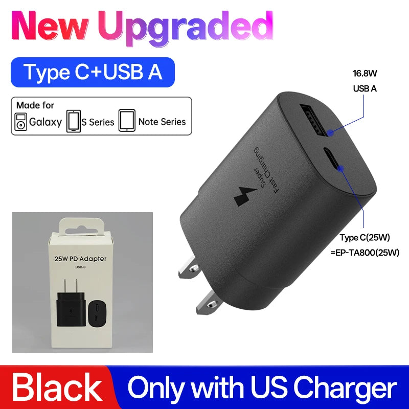 Samsung 25W USB-C Fast Charger Adapter - EU & US Plug Options Black 25w US Plug Tidesmit