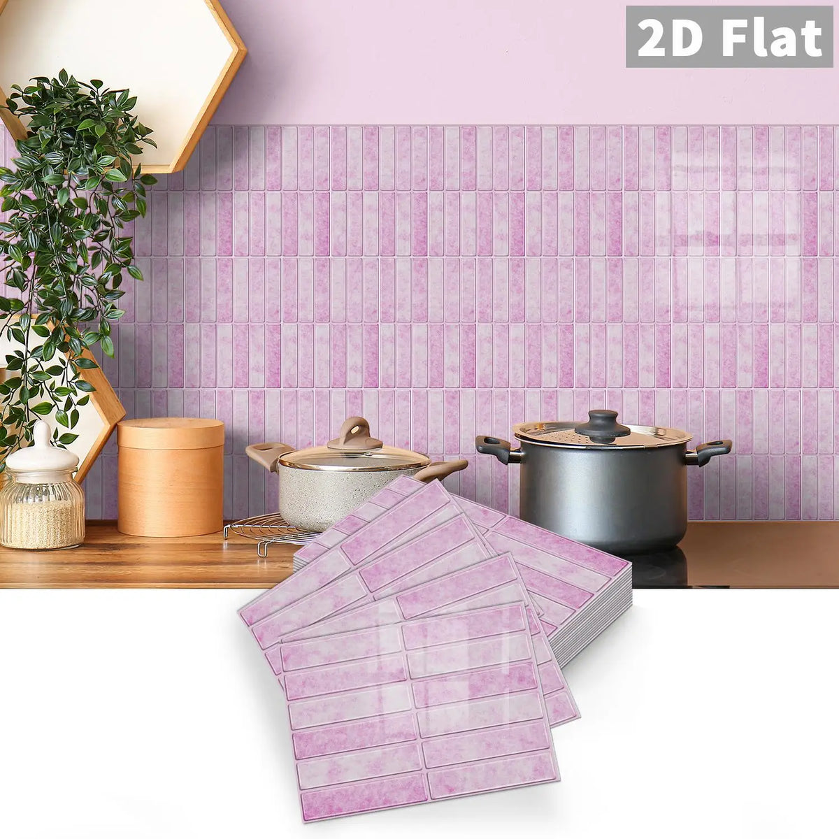 Self-adhesive peel-and-stick tile decals in light pink rectangular grid pattern