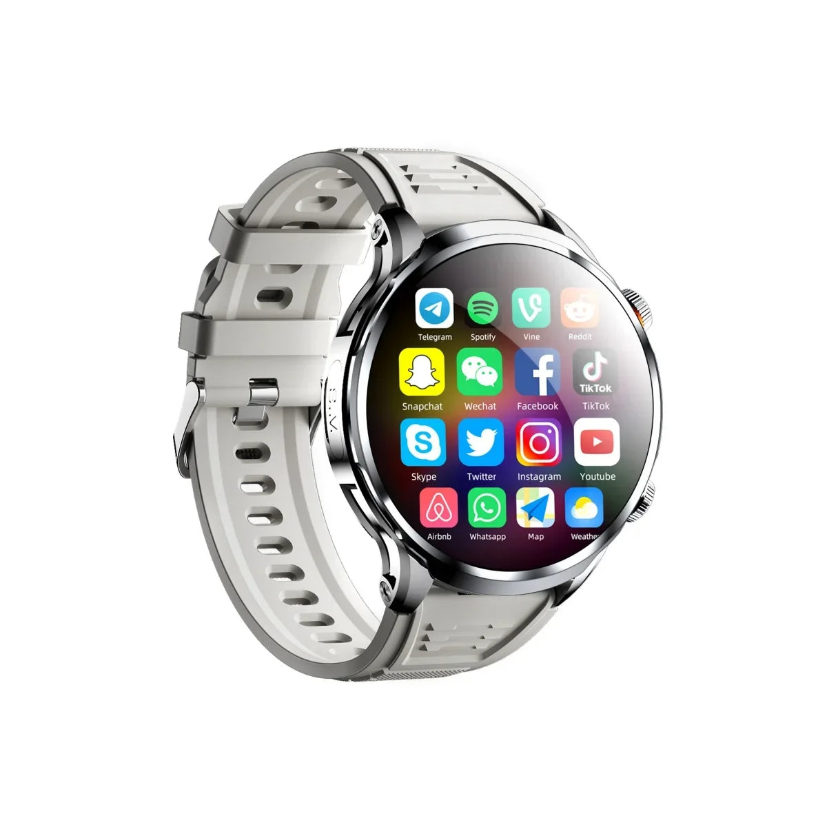 Silver smart watch with round touchscreen showing app icons; light gray silicone strap