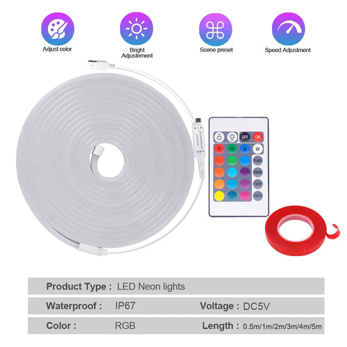 Coiled RGB LED neon light strip kit with USB controller, 24-key remote, and red adhesive tape