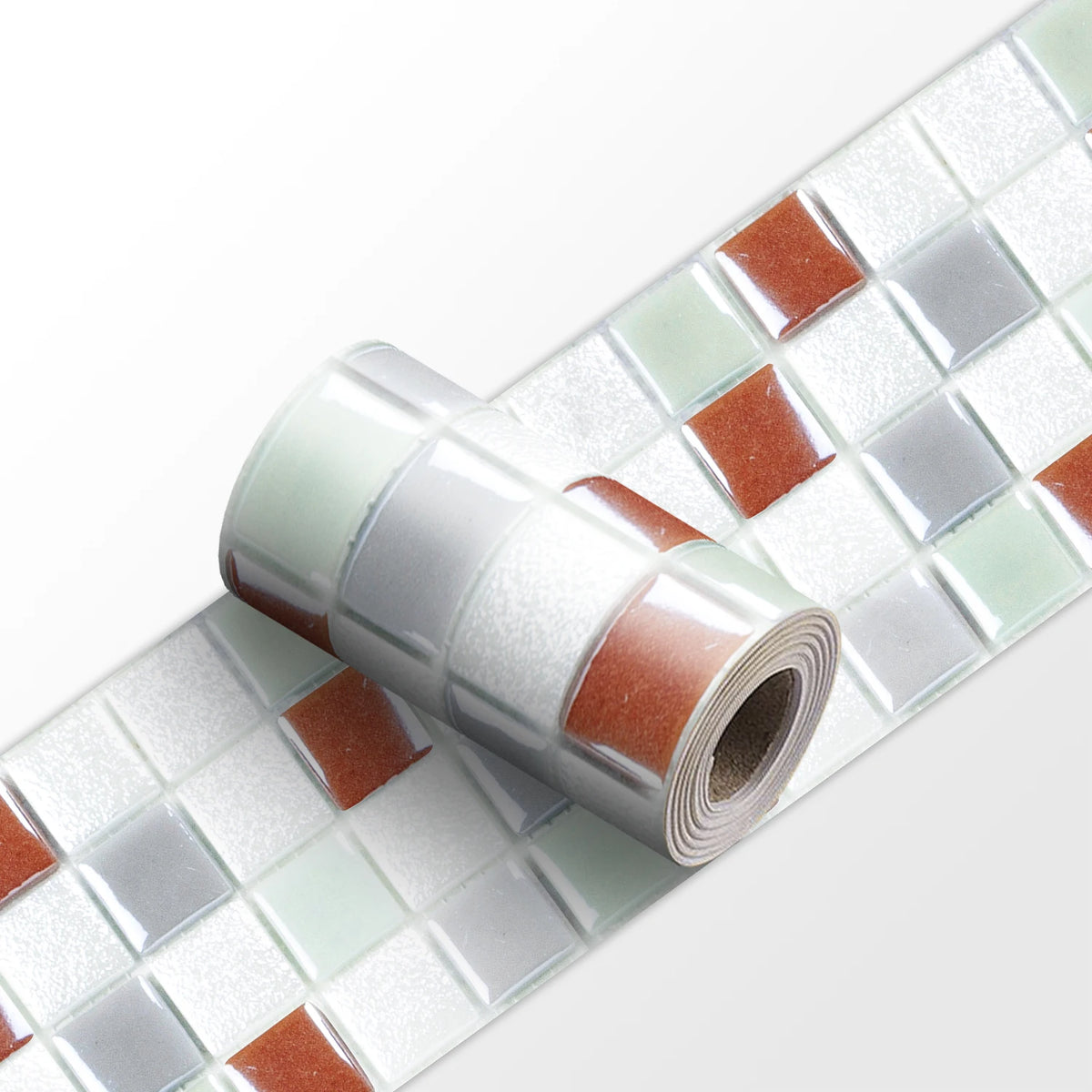 Peel-and-stick mosaic tile wall border sticker, mint green and terracotta square mosaic roll