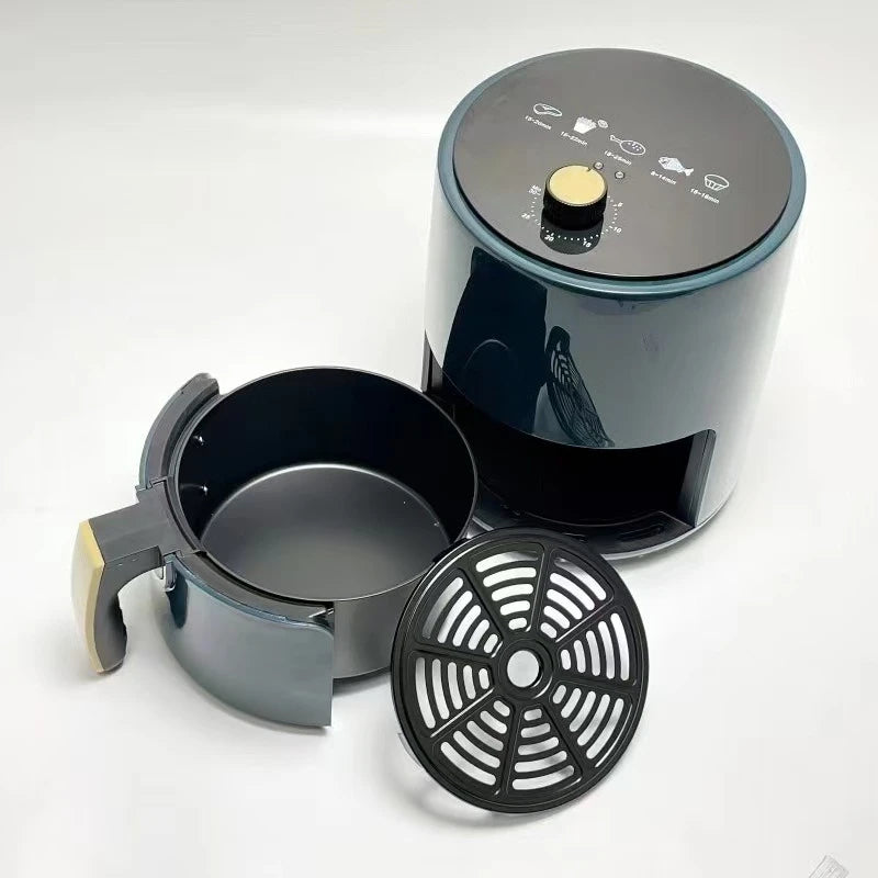 Air fryer oven with removable basket and bottom grill, viewed from above