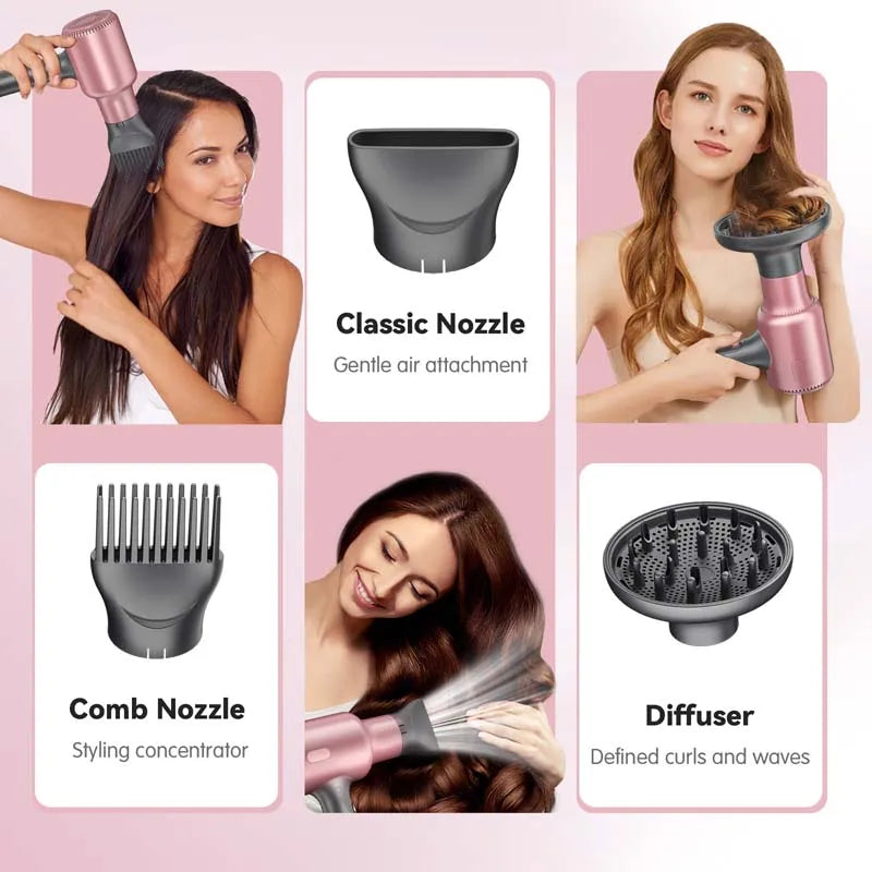 Rose gold 1875W professional hair dryer with comb, classic nozzle, and diffuser attachments for quick salon drying.