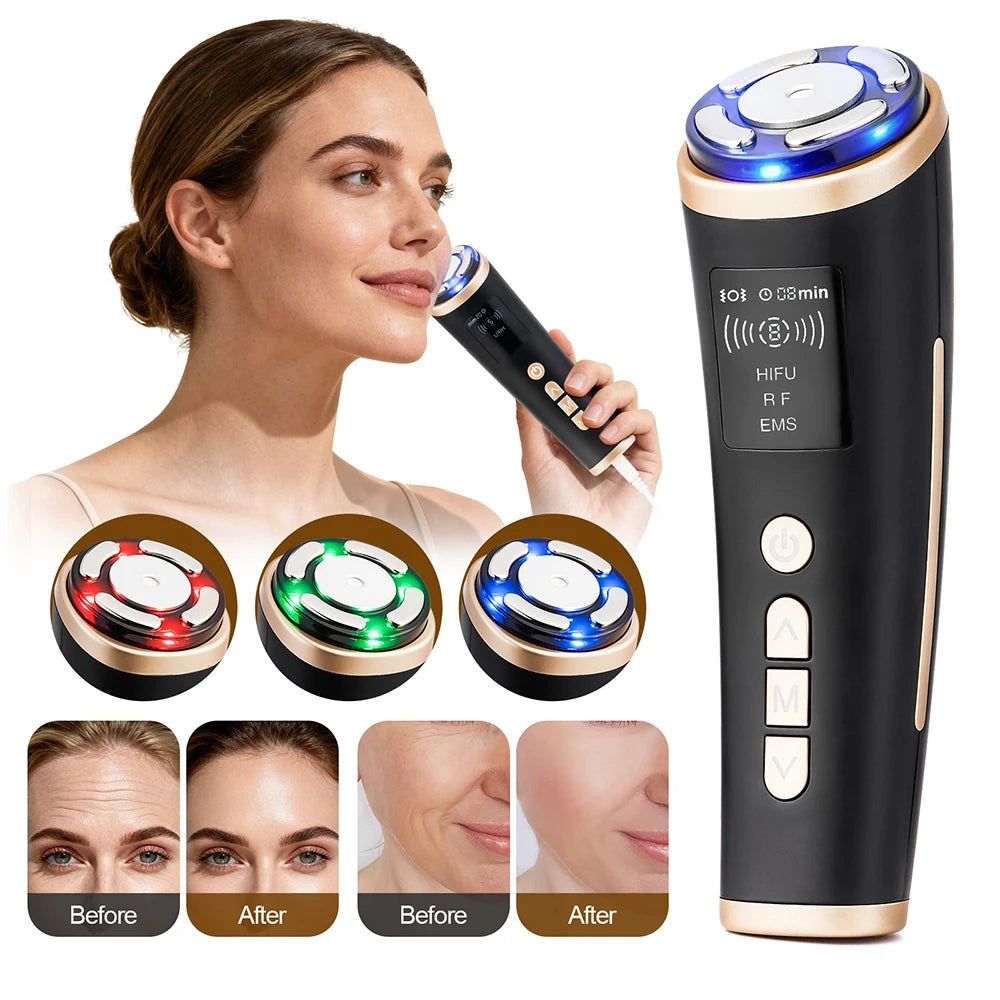Handheld black and gold facial skin tightening device with LED light therapy, digital display, and massage buttons.