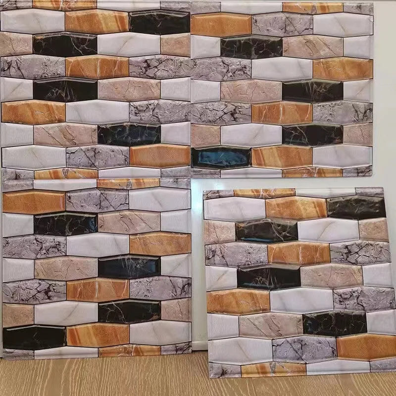 Peel-and-stick backsplash tiles with mixed stone-look blocks in gray, brown, and black