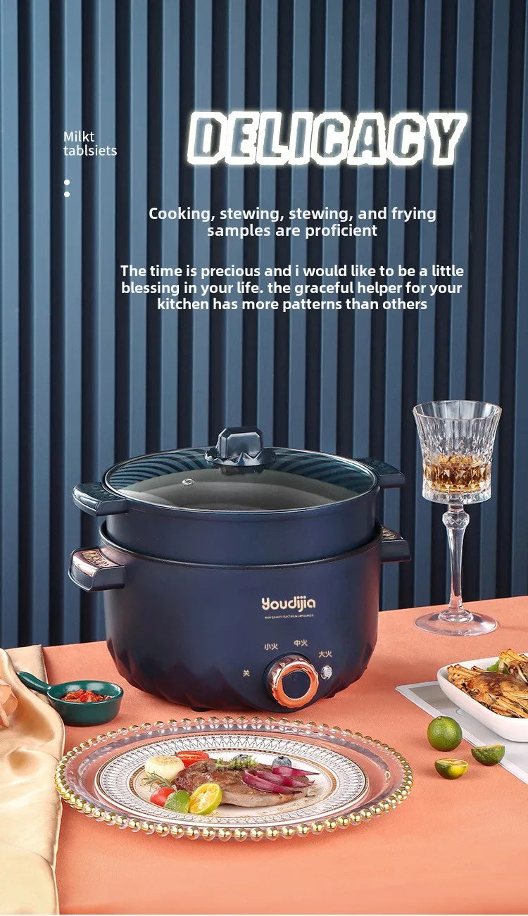 Non-stick electric hot pot multi cooker with lid, handles, and integrated control dial