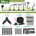 25M irrigation spray kit set with 5/8mm PE hose, tee joints, clips, and nozzles