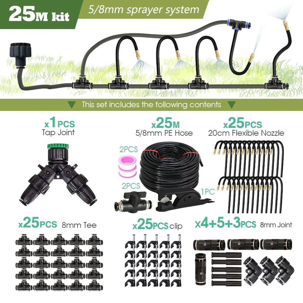 25M irrigation spray kit set with 5/8mm PE hose, tee joints, clips, and nozzles