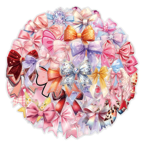Waterproof transparent bow sticker pack with pastel ribbon bows and gem accents