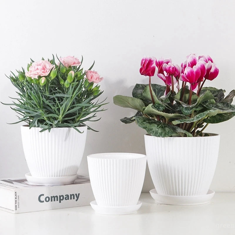 Plastic Flower Pots with Tray Solid Color Plant Pot Thickened Double Layer Green Plant Potted Planters Gardening Supplies