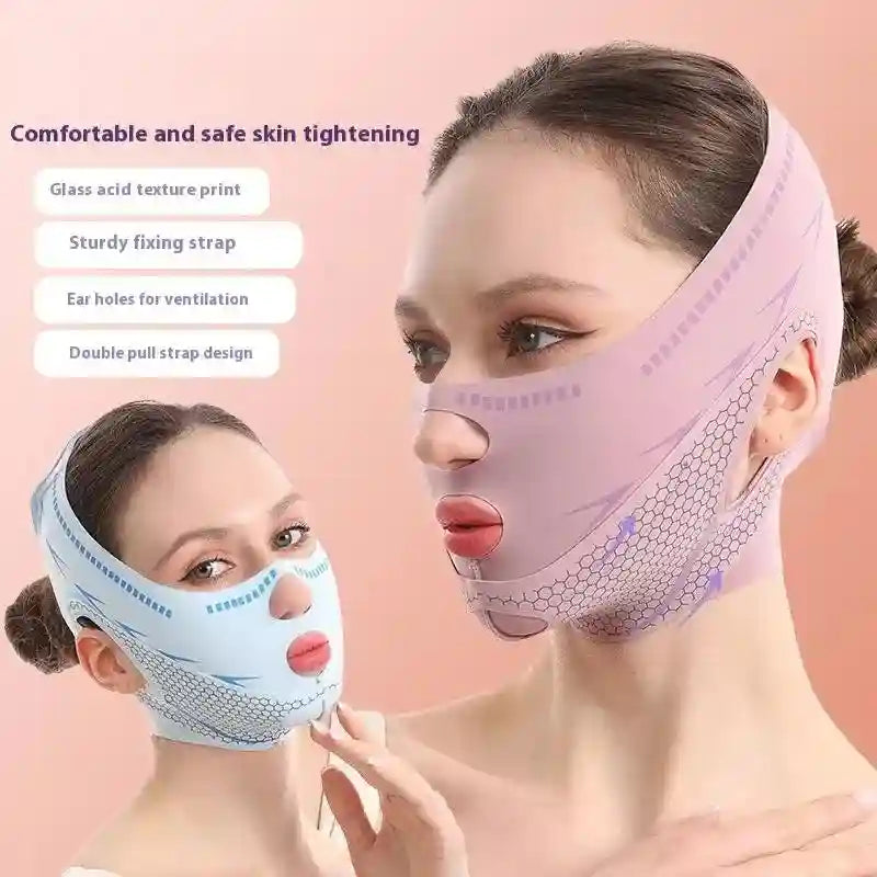 Two women wearing pink and blue face-lifting compression bandages with honeycomb patterns and ear cutouts.