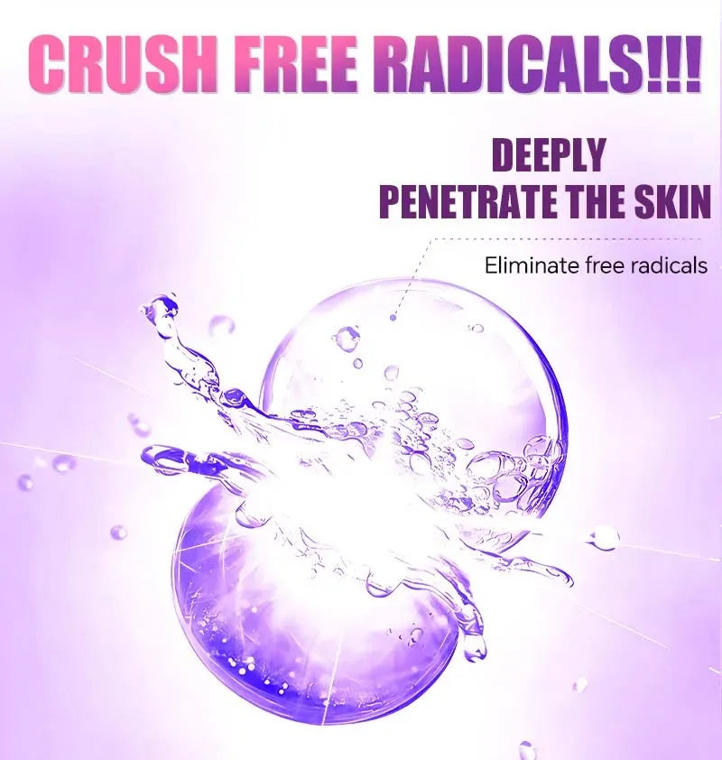 Anti-aging skincare serum ad: purple liquid splash graphic to help firm sagging skin and eliminate free radicals.