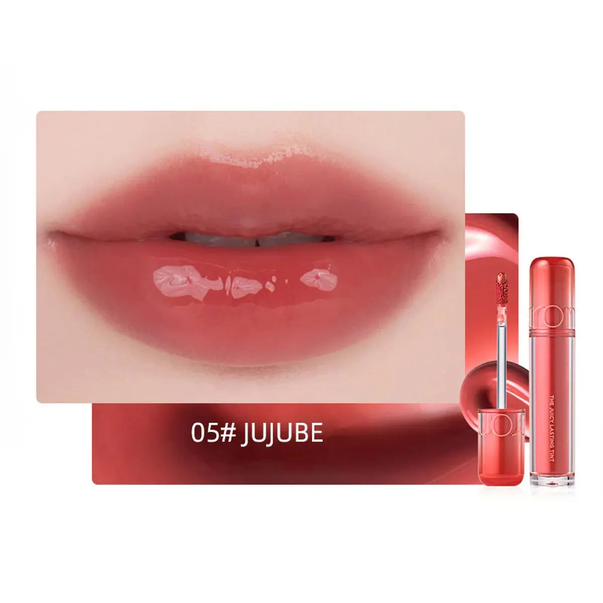 rom&nd Juicy Lasting Tint in 05 Jujube: glossy, hydrating Korean lip stain with a smooth, natural red-pink finish.