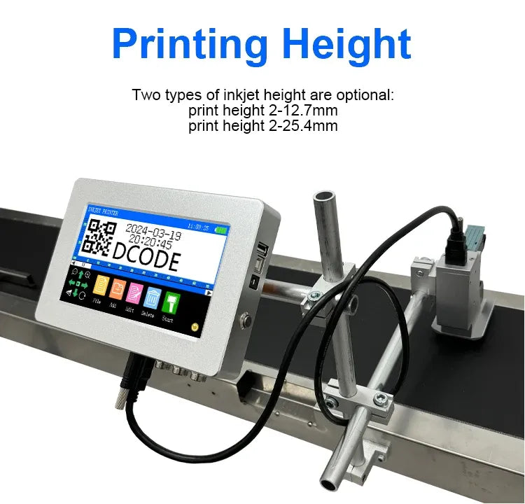 Thermal inkjet printer close-up with touchscreen and barcode nozzle on conveyor rail