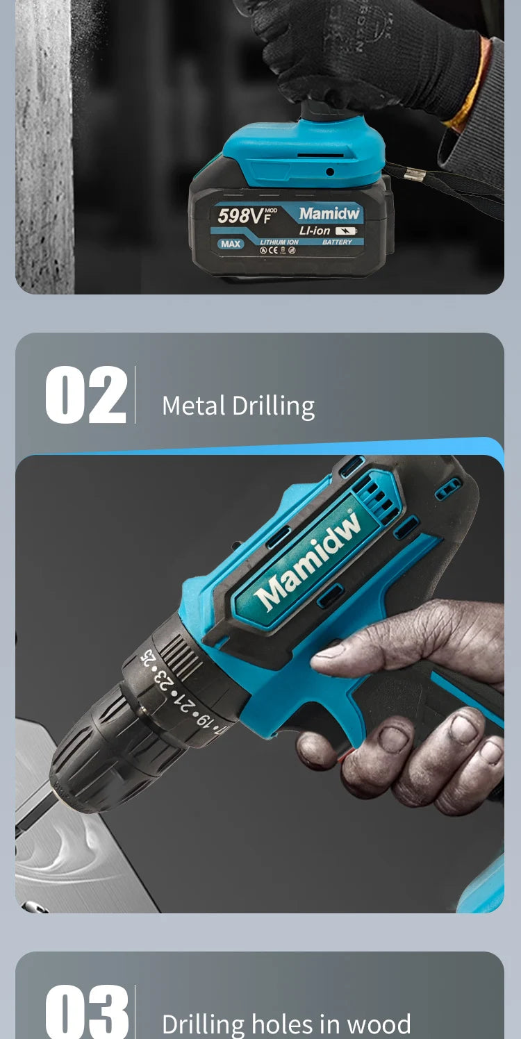 Mamidw 3/8'' 10mm Chuck Cordless Power Drill 25N.M 1150RPM Electric Screwdriver Drill for Daily Home Improvement Woodworking Tasks, For Makita 18V Battery PIN