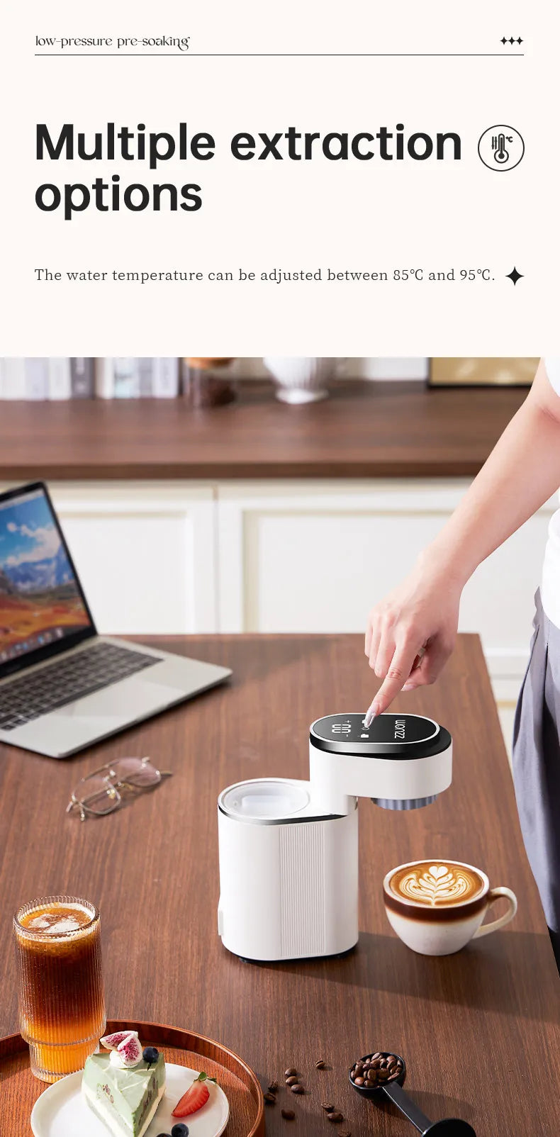 White compact electric coffee maker with digital touch display for adjustable temperature and extraction settings.