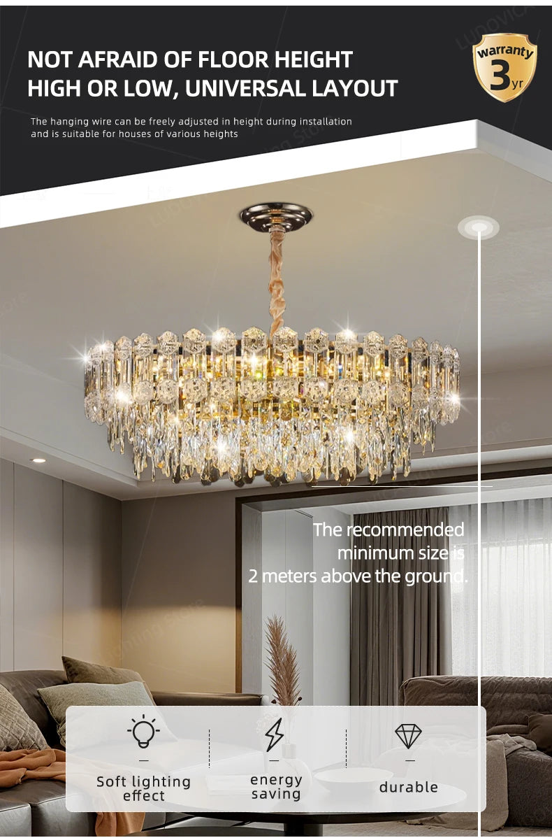 Modern Crystal LED Chandelier for High Ceilings - Adjustable Light Tidesmit