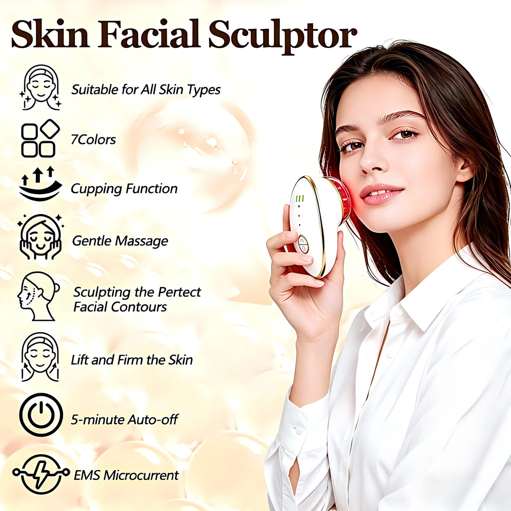 Woman holding a white and gold handheld facial sculpting device with red light, featuring icons of its key functions.