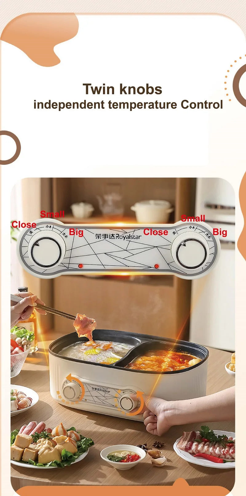 6L electric cooking pot with dual independent temperature control twin knobs