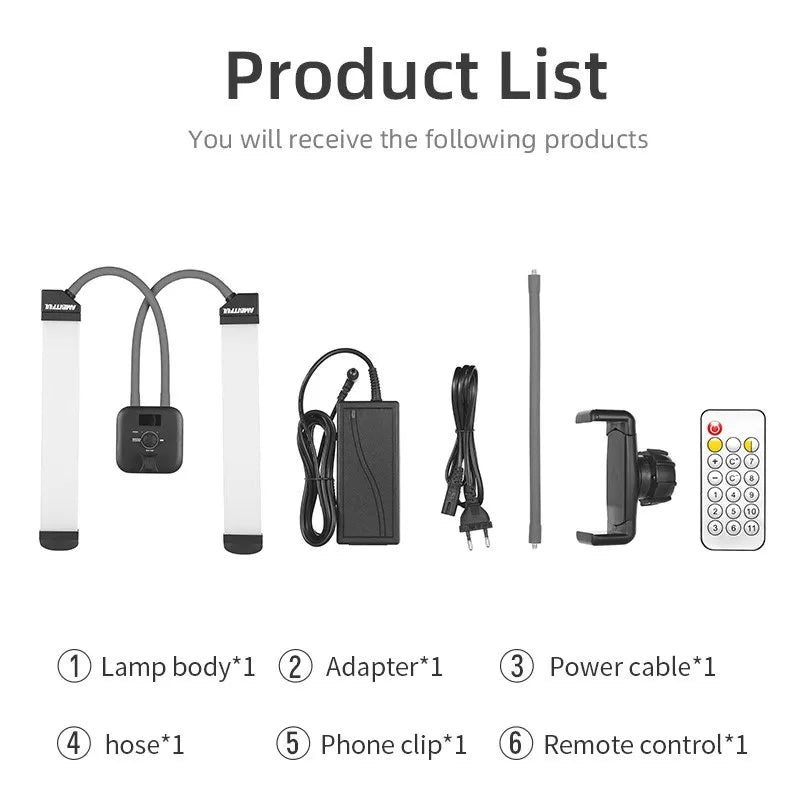 Dual flexible LED photography light set with power adapter, cable, extension hose, phone holder, and remote control.