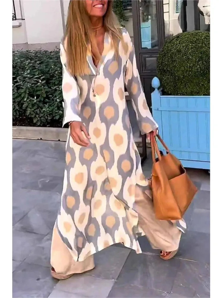 2024 Autumn Causal V NeckWomen Geometric  Maxi Dress  Long Sleeve Dresses Female Holiday Beach Boho Dress