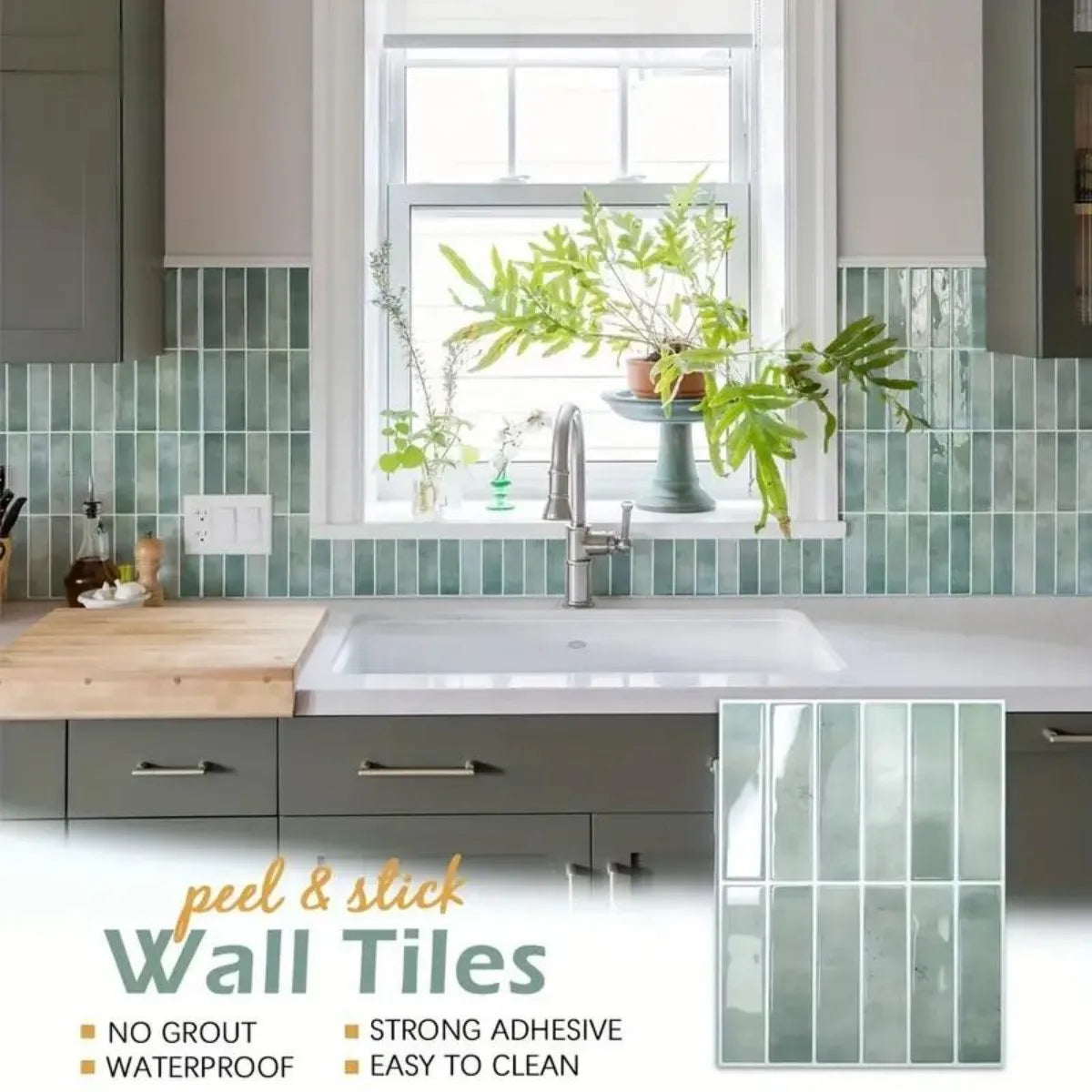 Self-adhesive wall tile sticker set, glossy light green square grid