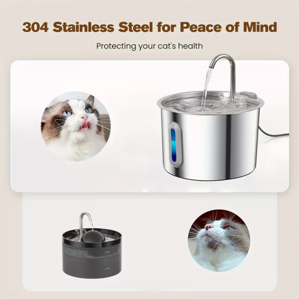 2.2L stainless steel cat water fountain with smart level window for fresh, healthy pet hydration.