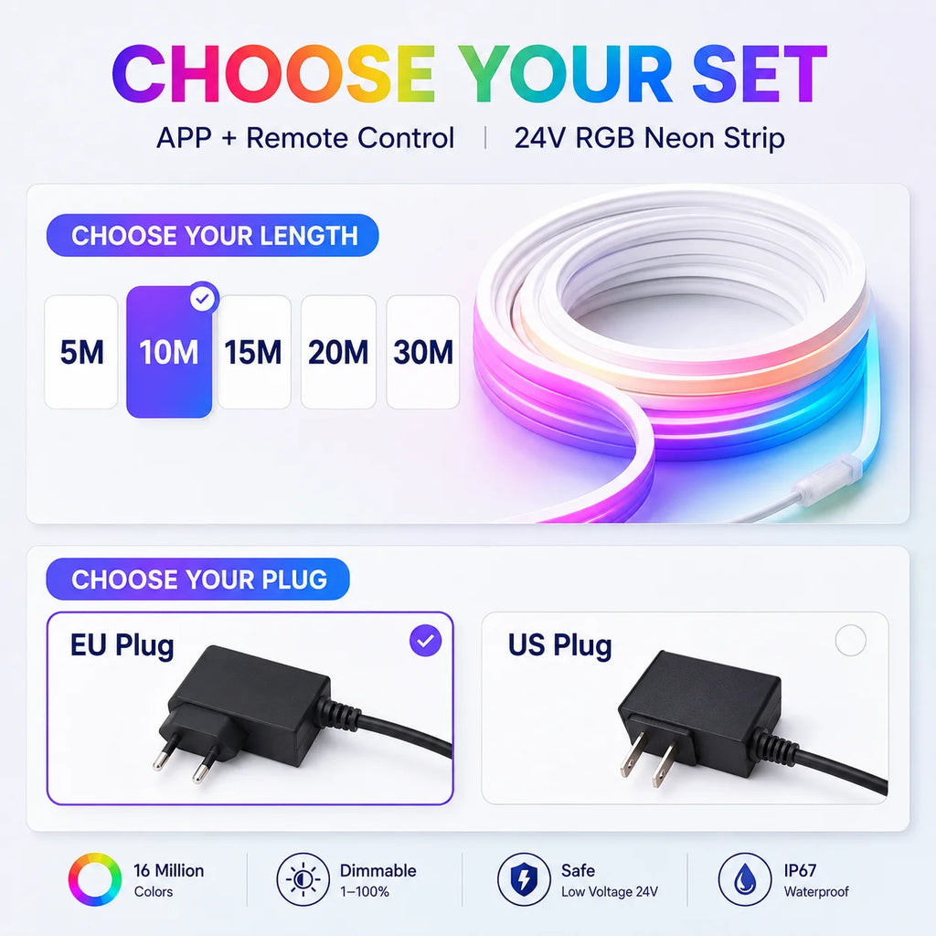 RGB Neon Light LED Rope Light Waterproof APP Remote Control Music Sync 24V Flexible DIY Silicone Strip Light for Indoor Outdoor