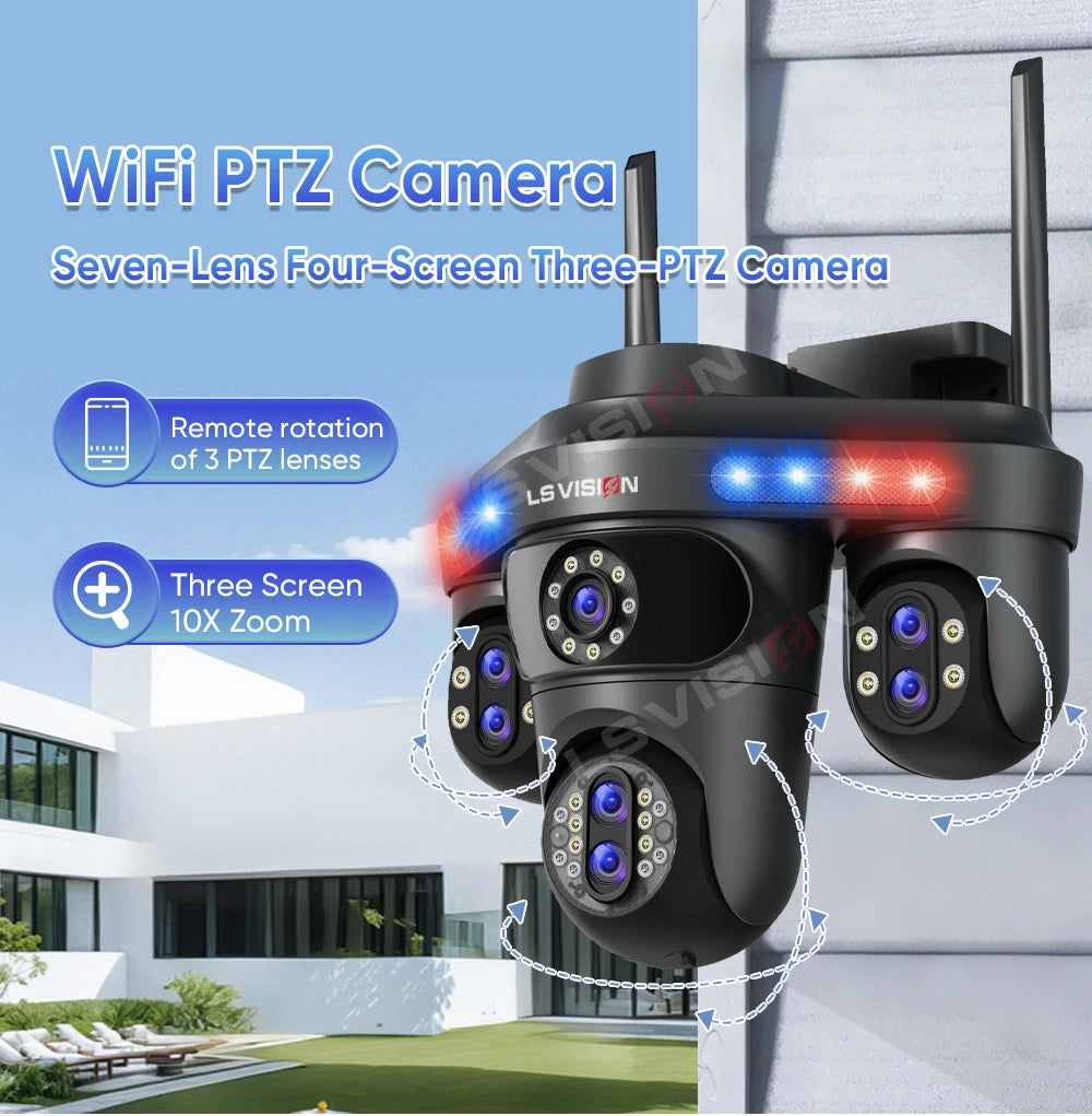 LS VISION 35MP WiFi IP Camera 7 Lens 10X Zoom Outdoor 3PTZ 360° Surveillance Security Camera Smart Home Ai Tracking CCTV Cam