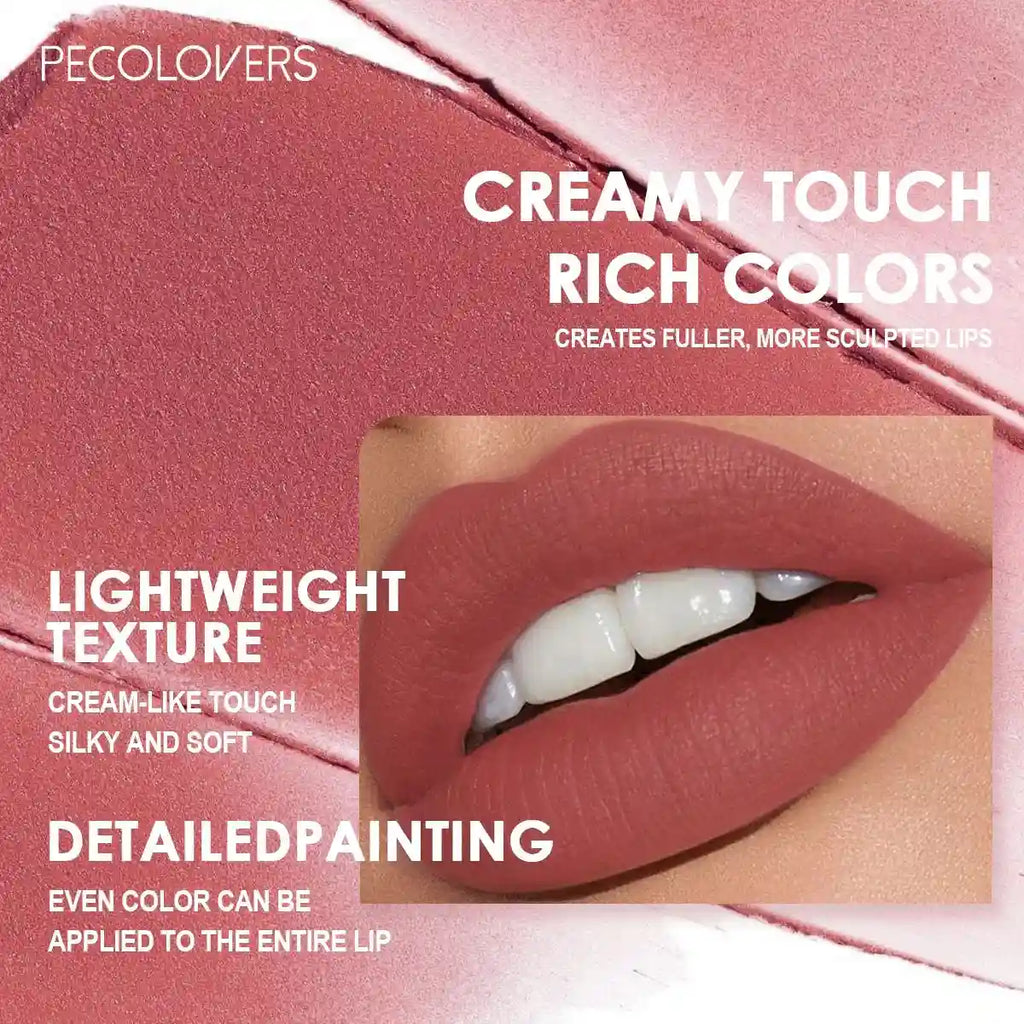 Creamy nude apricot velvet matte lipstick with a long-lasting, waterproof, and non-stick finish on lips.