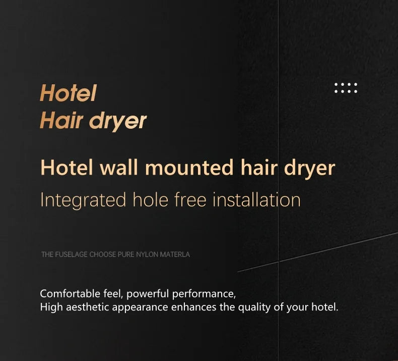 Black wall-mounted hotel hair dryer, punch-free, high-power, blue light protection for professional styling.