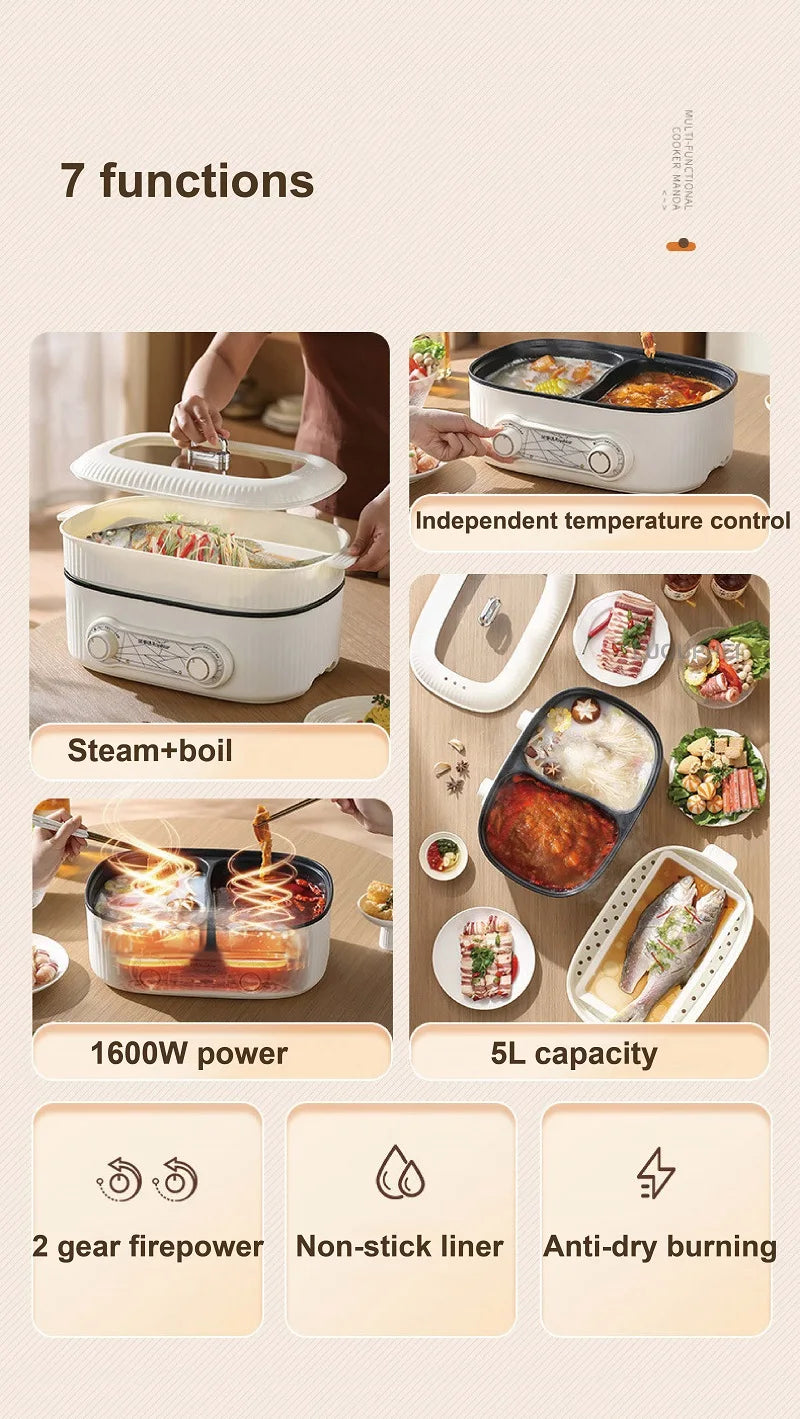 White multi-function electric hot pot showing steam and dual-compartment cooking inserts