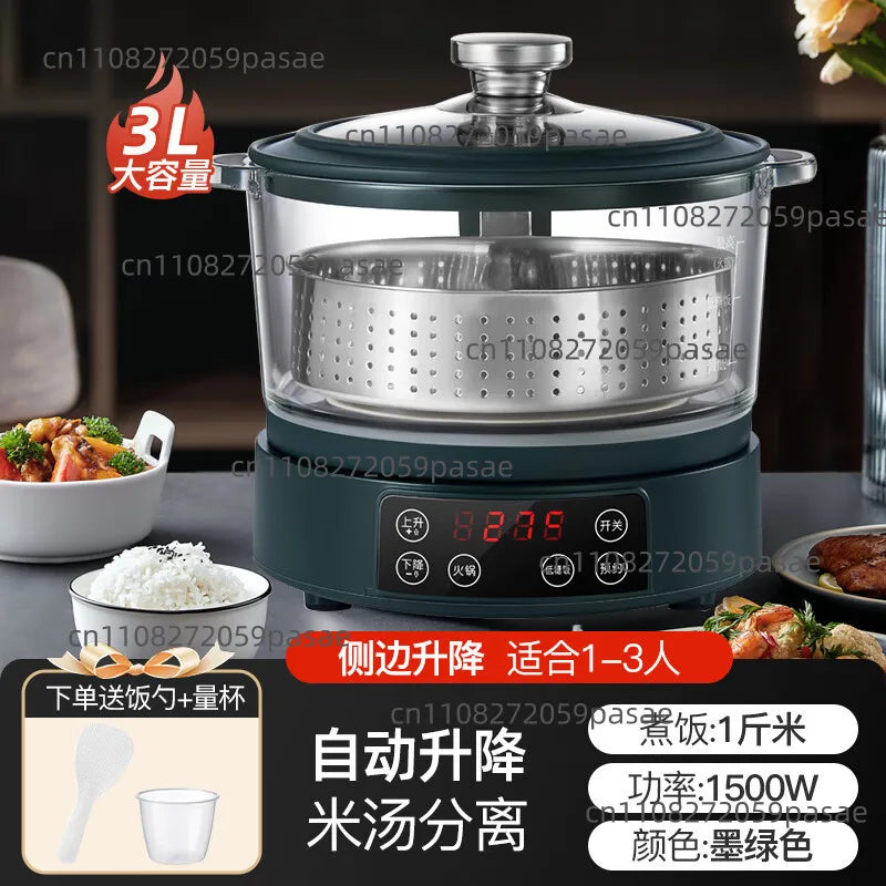 3L electric rice cooker with stainless steaming basket and glass lid, dark green base
