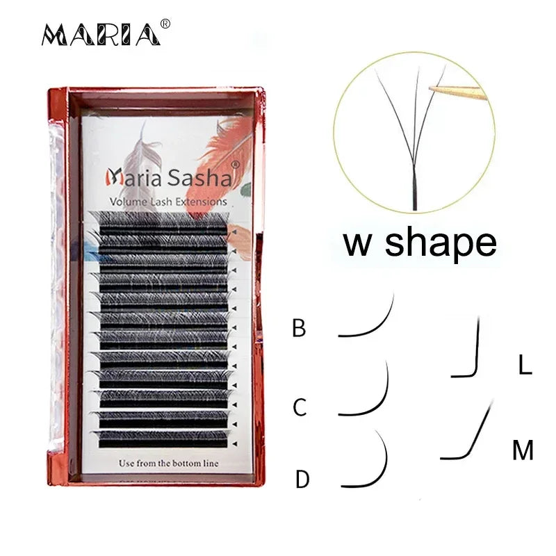Maria Sasha black 3D W-shaped volume eyelash extensions in a tray, featuring various curl types like B, C, D, L, and M.
