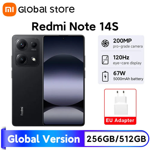 Black Xiaomi Redmi Note 14S, 200MP camera, 120Hz AMOLED display, 67W charging, 5000mAh battery, Global Version.