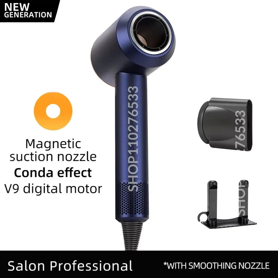 Blue professional ionic hair dryer with magnetic smoothing nozzle, V9 digital motor, and leafless design.