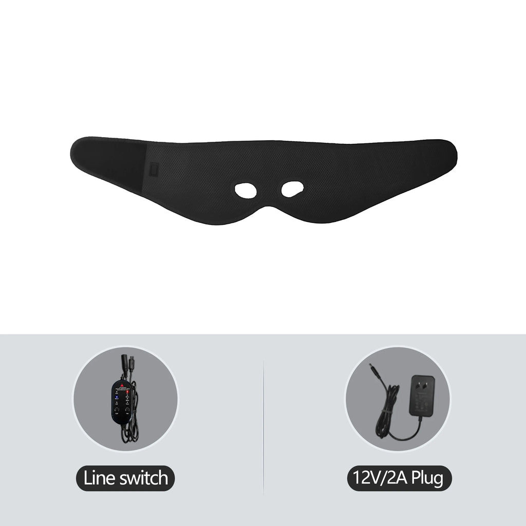 Black air layer heating half-face mask with eye cutouts, including a line switch controller and 12V/2A power plug.