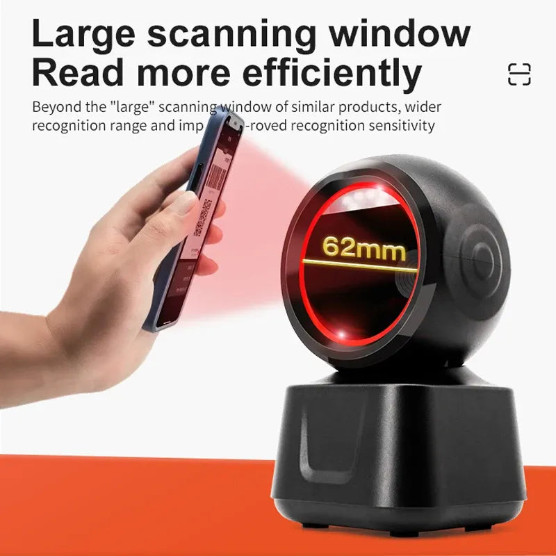 Desktop barcode scanner with large circular scan window and red LED ring
