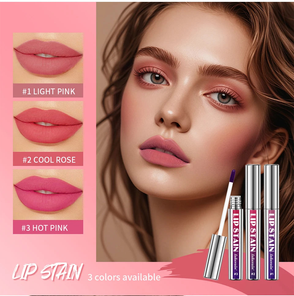 Lakerain matte peel-off lip stain in pink, rose, and hot pink shades for long-lasting, waterproof, natural mist lips.