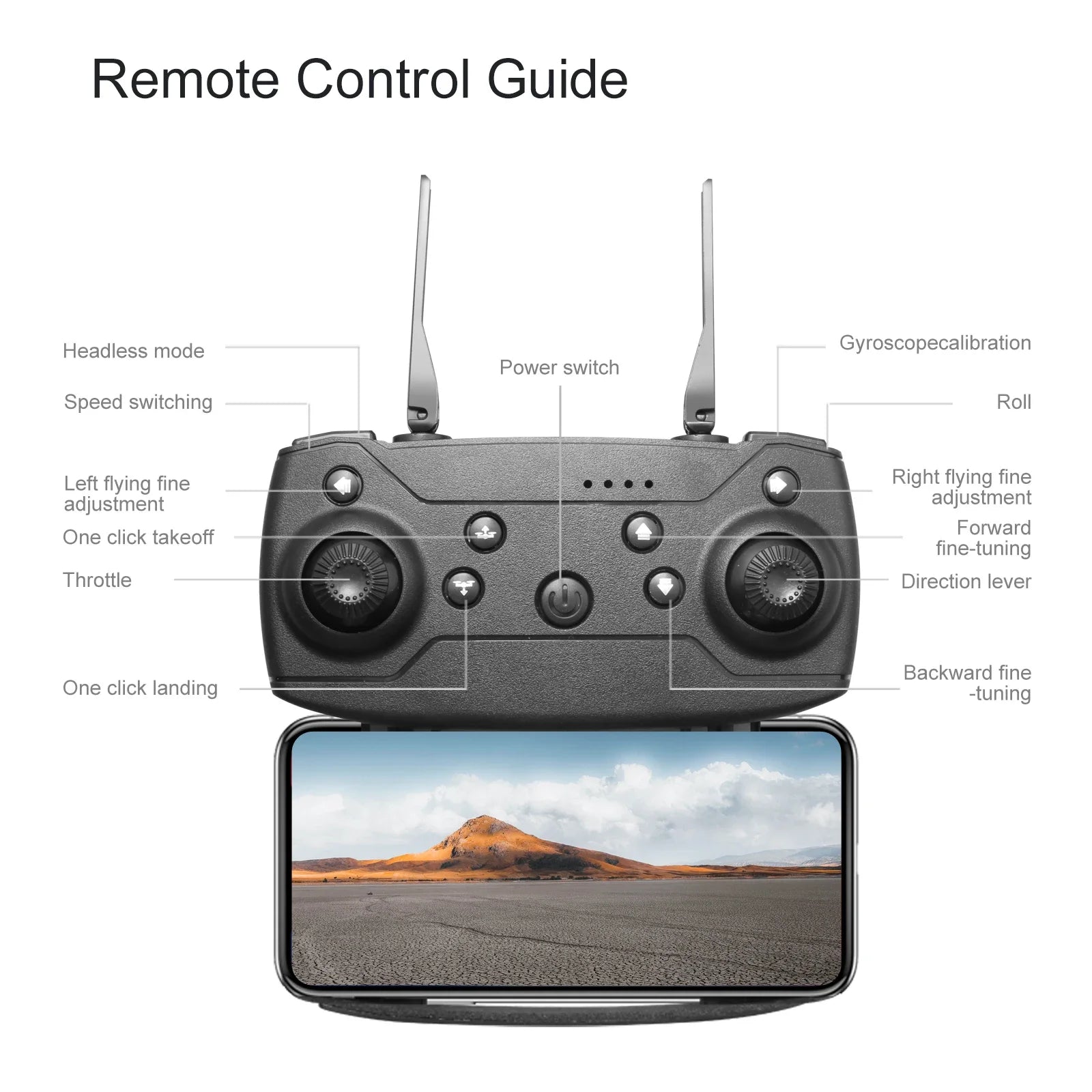 Black drone remote controller with two antennas, dual joysticks, function buttons, and a smartphone mount.