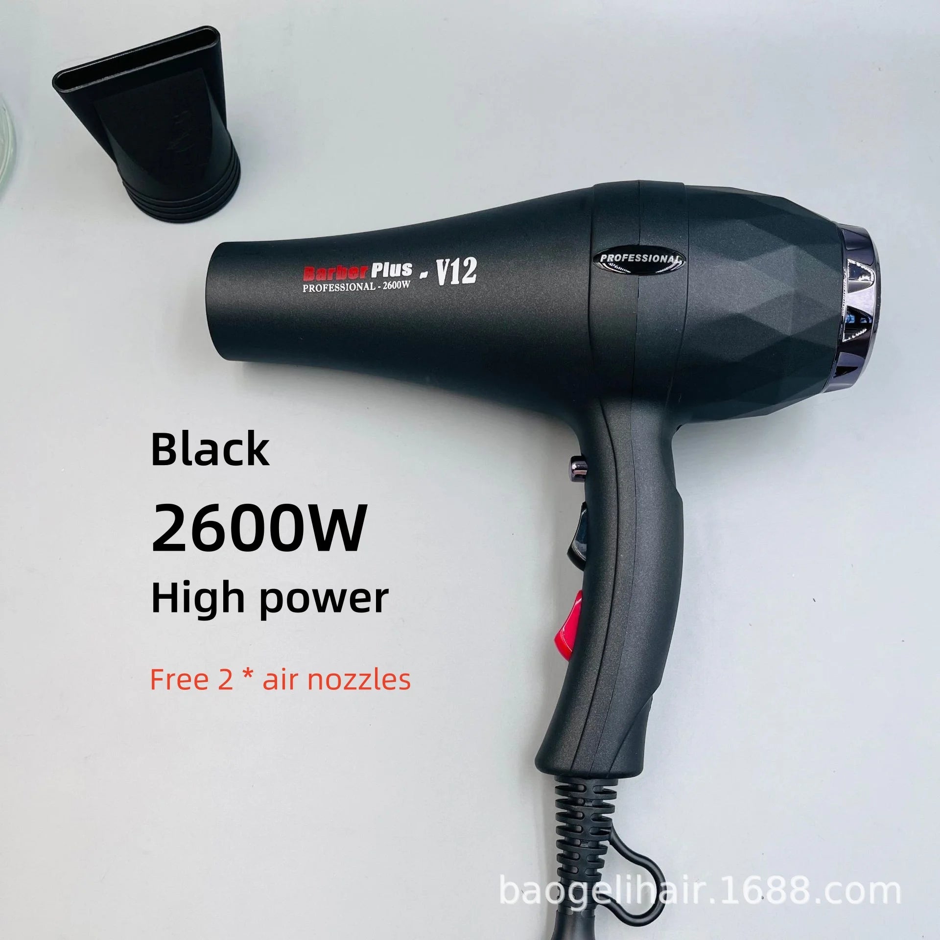 Black 2600W professional hair dryer with nozzle attachment for fast salon-quality styling and quick drying power.