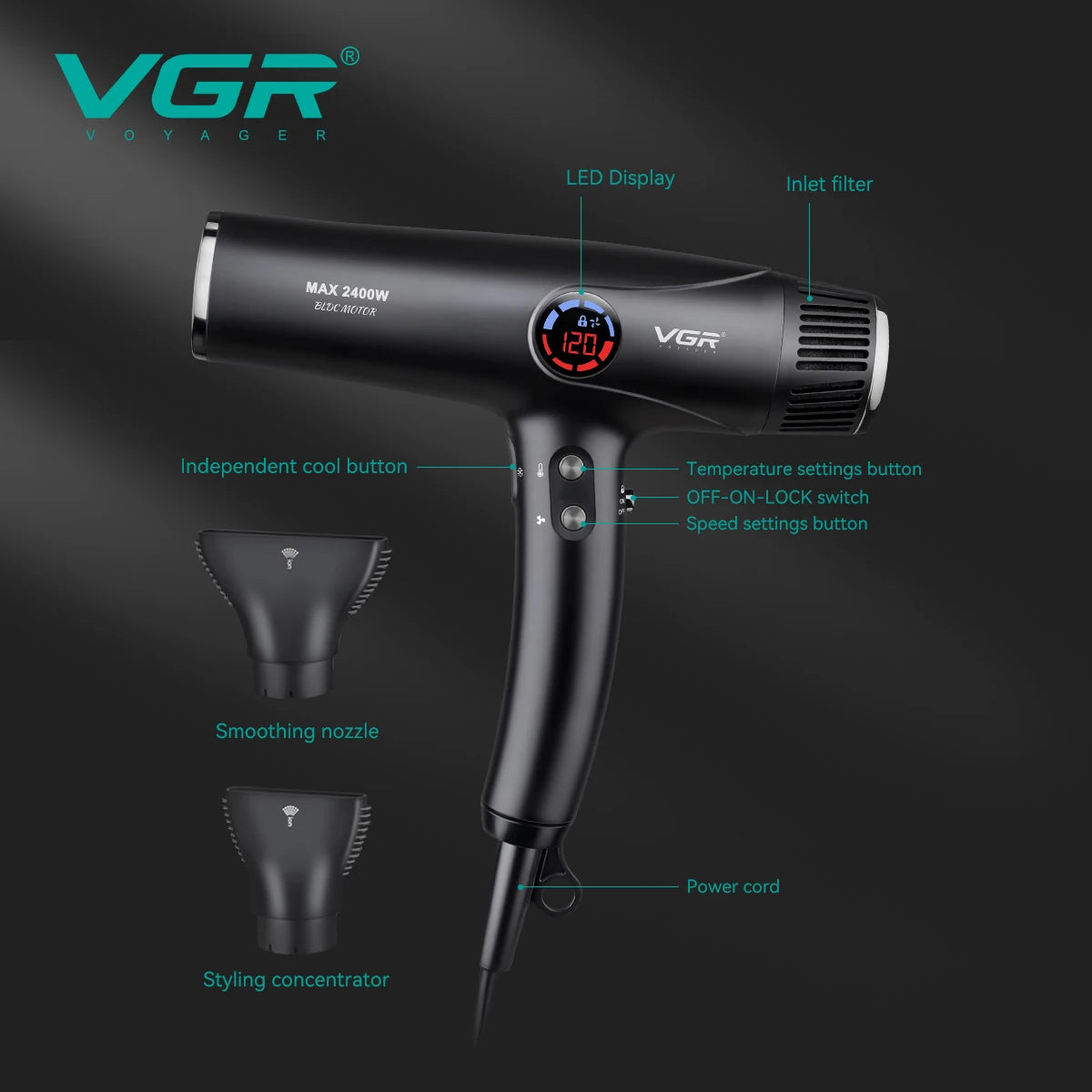 Black VGR professional BLDC hair dryer with LED display, styling nozzles, and speed controls for salon-quality results.