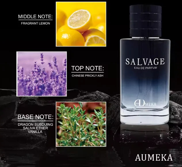 Aumeka Salvage EDP for men. Cylindrical bottle with lemon, ash, vanilla notes. 4pc luxury gift set. Long-lasting scent.