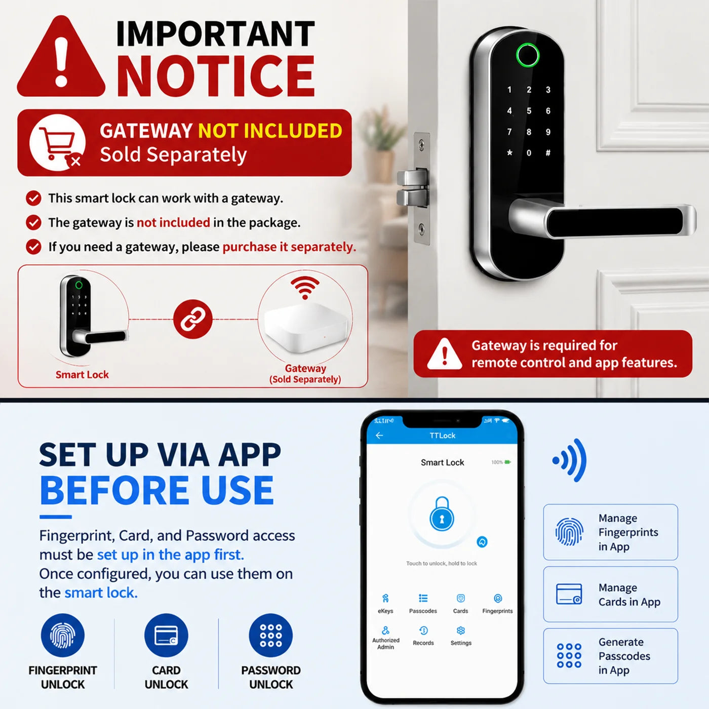 Smart Fingerprint Door Lock App Remote Control Keyless WIFI Digital Touchscreen Lock NFC IP67 Waterproof with 2 IC Cards