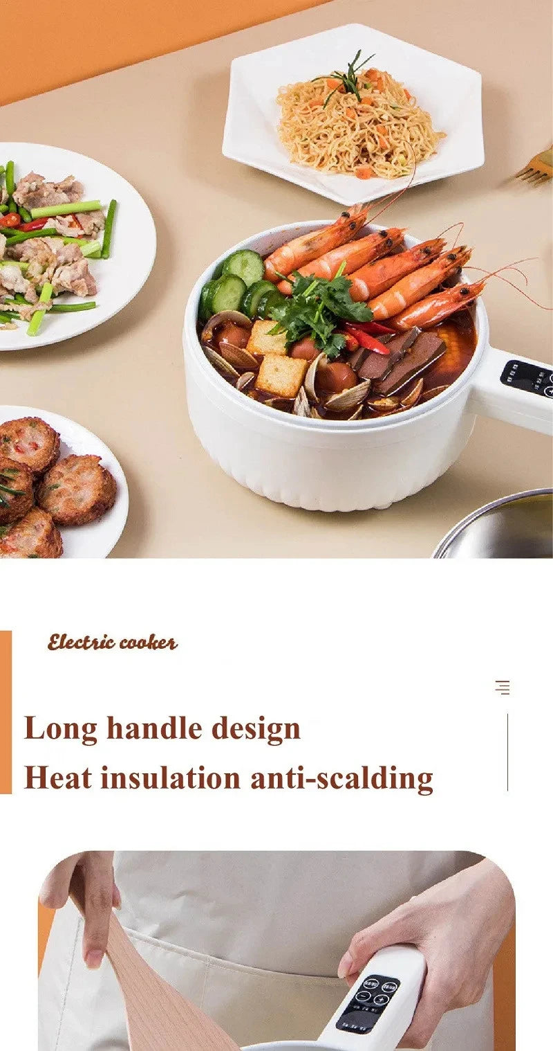 Electric cooking pot with lid open, filled with seafood and vegetables, plus side dishes