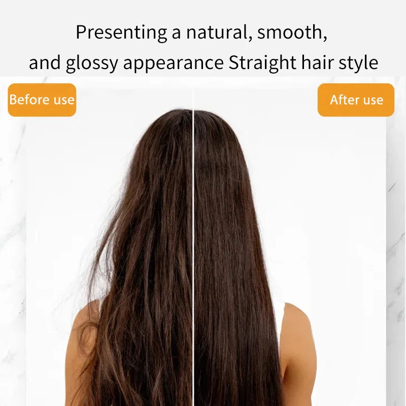 Before and after comparison of hair straightened using a 220V 2-in-1 ionic hair straightener for smooth, glossy hair.