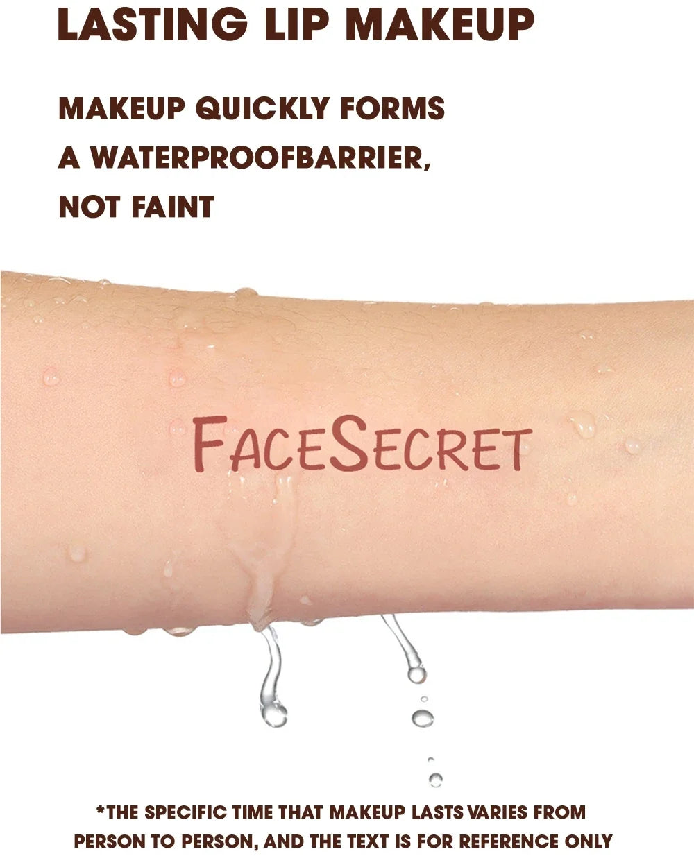 Face Secret waterproof matte lipliner swatch on arm, demonstrating long-lasting, smudge-proof lip makeup performance.